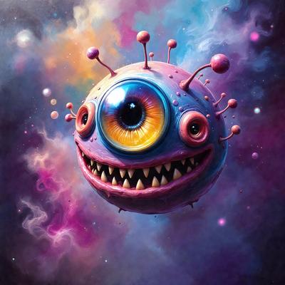 The primary subject of the image is a large, purple, pink, and blue monster with a big eye. The monster is the main focus of the image, and it is set against a purple and blue background. The visual style of the image is digital art, as it appears to be a computer-generated or digitally painted creation. The colors and mood of the image are vibrant and playful, with the monster's eye being the most prominent feature.